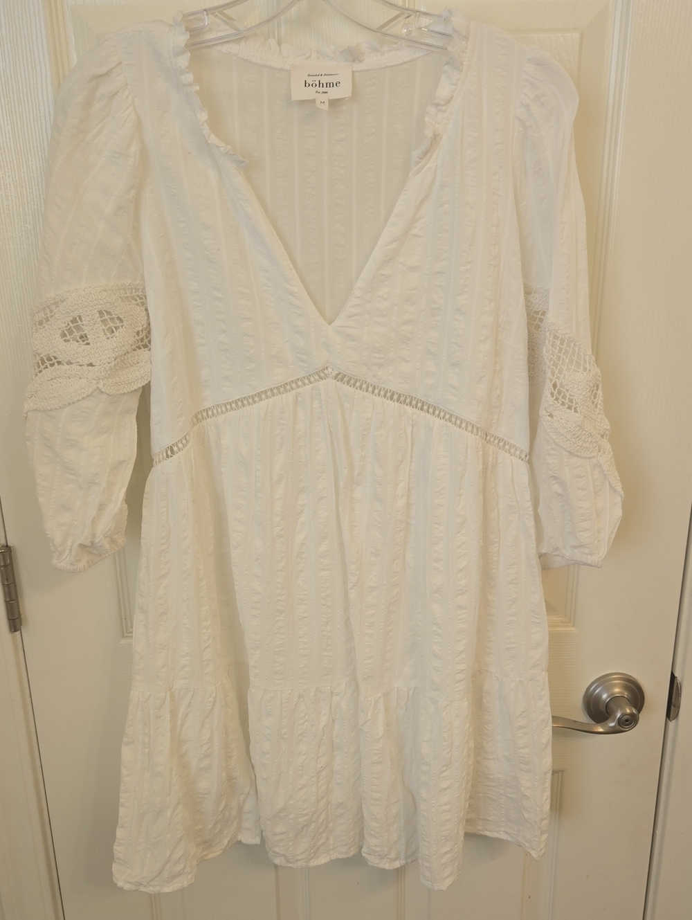 bohme White V‑Neck Lace Panel Mini Dress